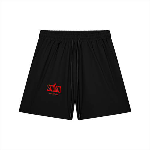 Black men's athletic drawstring shorts by Suku with a relaxed fit, suitable for casual wear and active lifestyles.