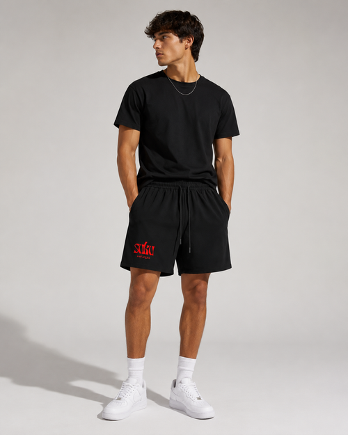 Black men's drawstring athletic shorts by Suku with a relaxed fit and comfortable design for casual or active wear.