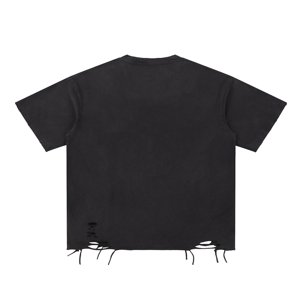 Black oversized Snow Washed Raw-Hem T-Shirt by Suku with distressed raw slits, vintage wash finish, bold red SIKU logo on chest.