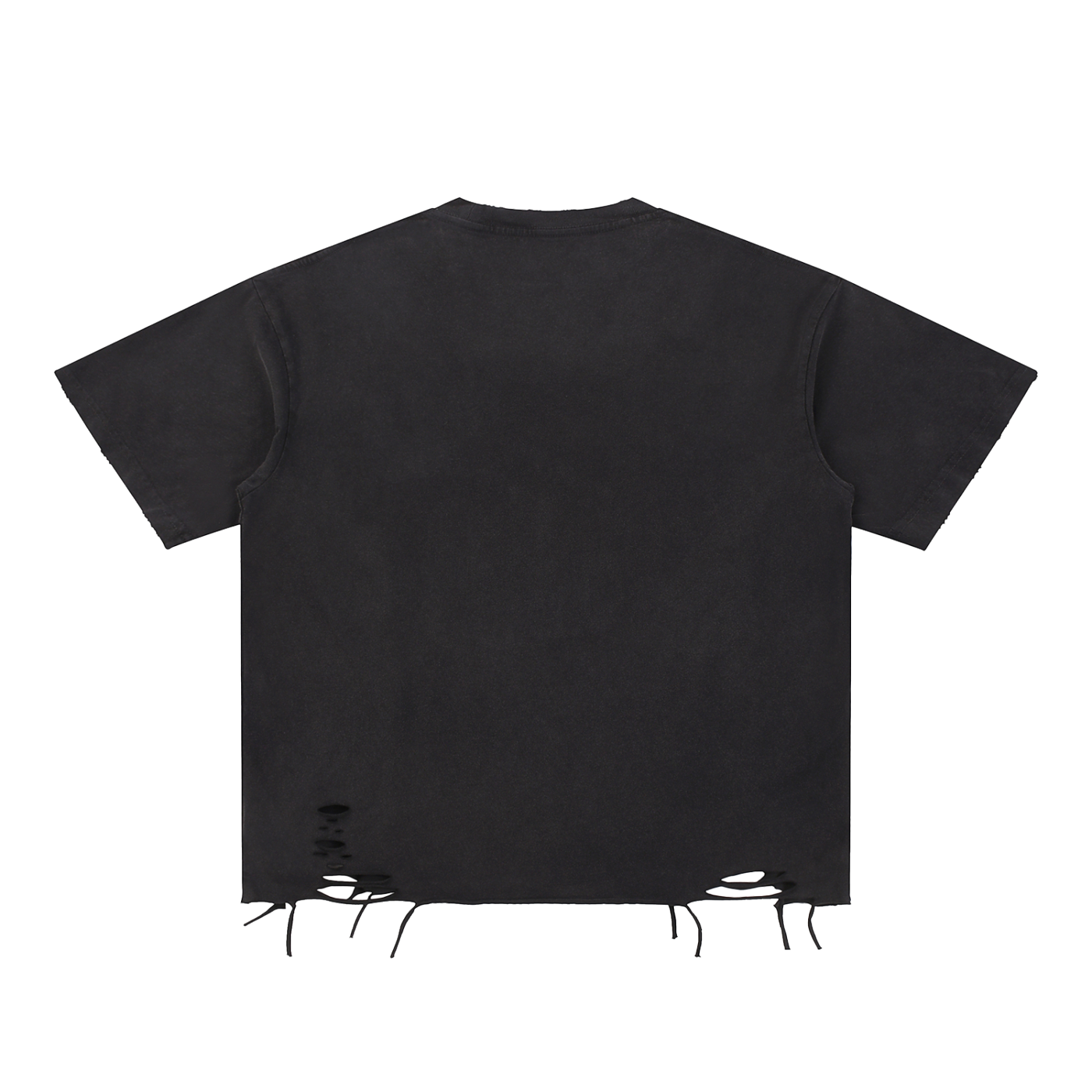 Black oversized Snow Washed Raw-Hem T-Shirt by Suku with distressed raw slits, vintage wash finish, bold red SIKU logo on chest.