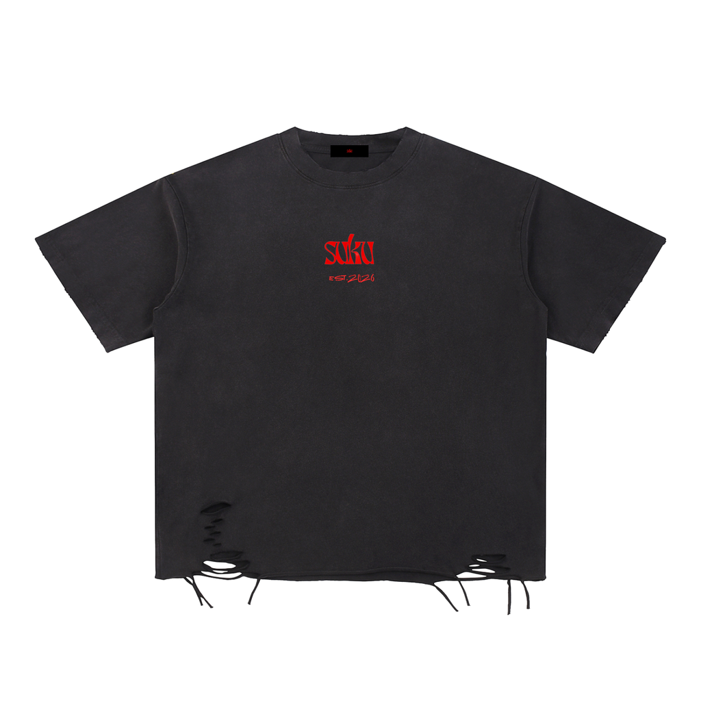Black Suku Snow Washed Raw-Hem T-Shirt with distressed raw hem, vintage wash, bold red SIKU EST. 2026 logo, oversized fit, crew neckline