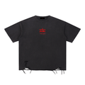 Black Suku Snow Washed Raw-Hem T-Shirt with distressed raw hem, vintage wash, bold red SIKU EST. 2026 logo, oversized fit, crew neckline