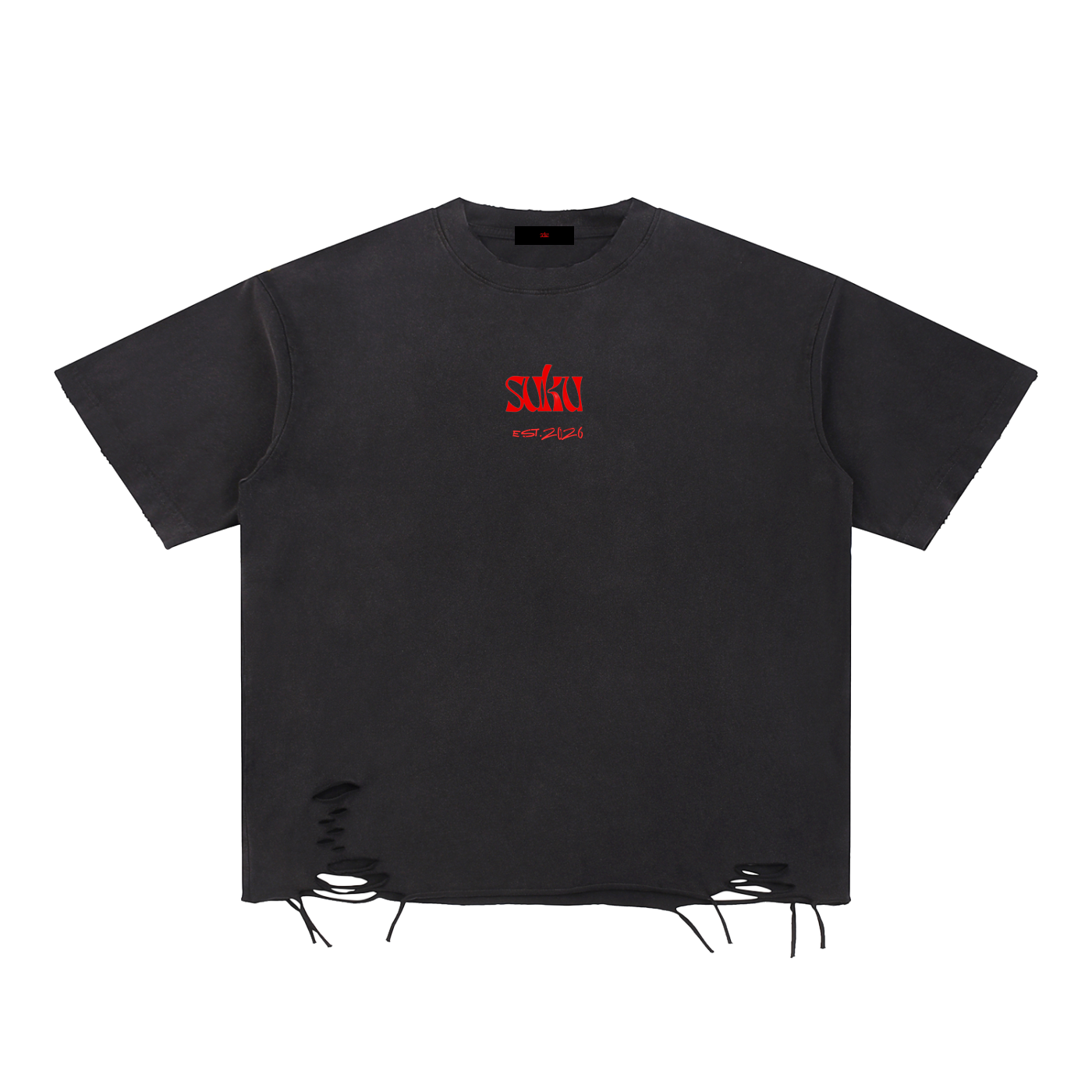 Black Suku Snow Washed Raw-Hem T-Shirt with distressed raw hem, vintage wash, bold red SIKU EST. 2026 logo, oversized fit, crew neckline