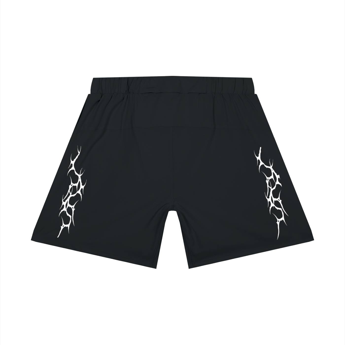 Black shorts with white tribal designs on a white background