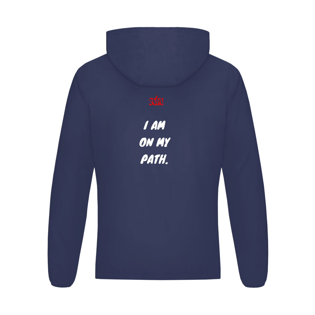 Navy blue hoodie with text and logo on the back against a white background