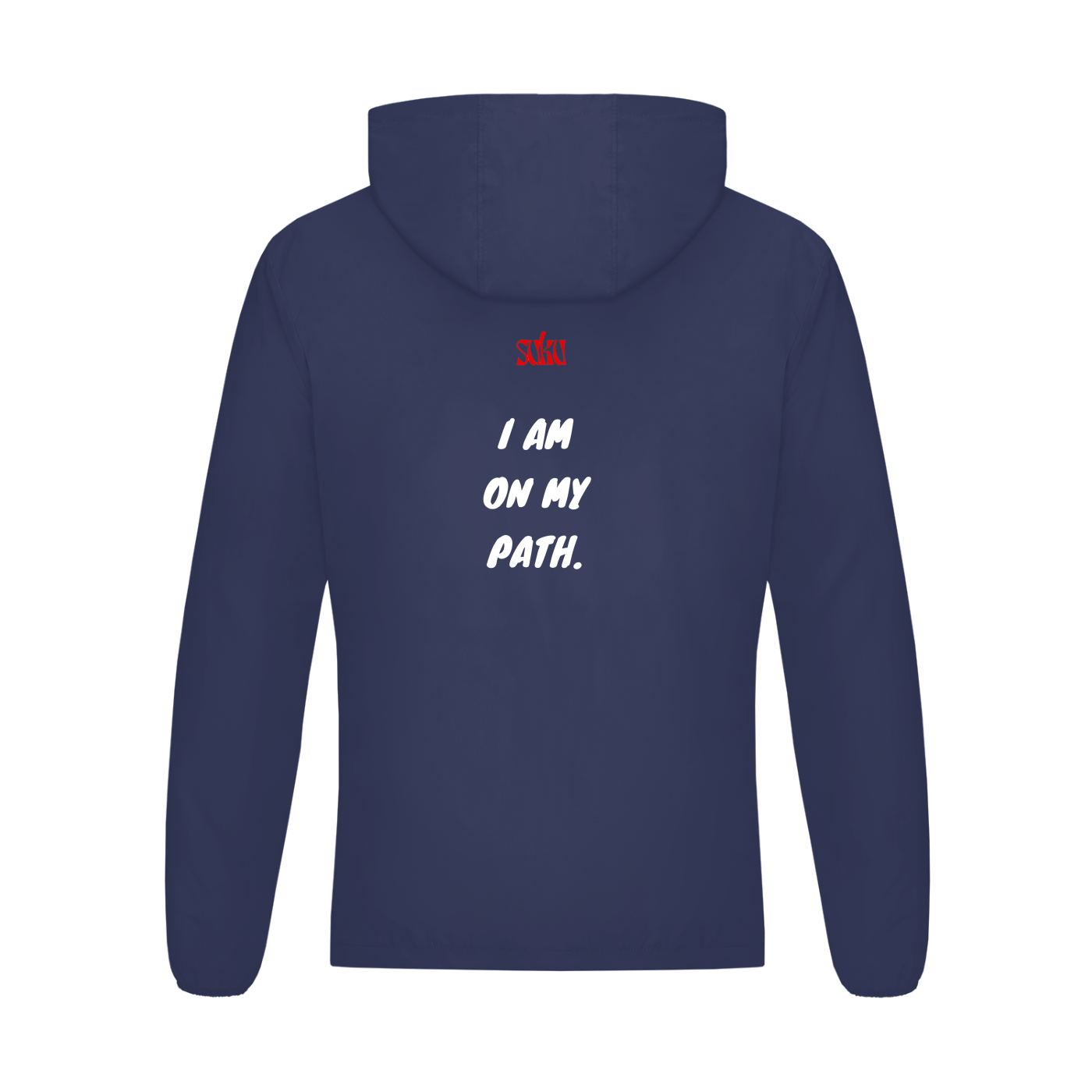 Navy blue hoodie with text and logo on the back against a white background