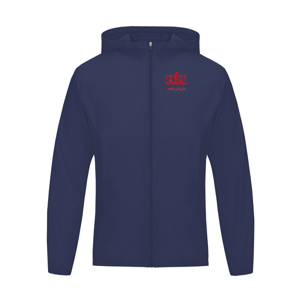 Navy blue jacket with a red logo on a white background