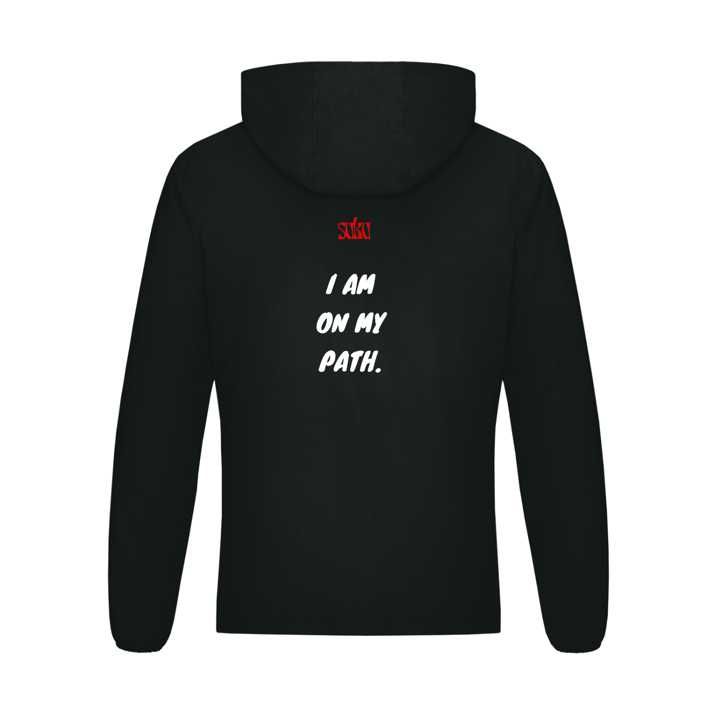 Black hoodie with text on the back on a white background