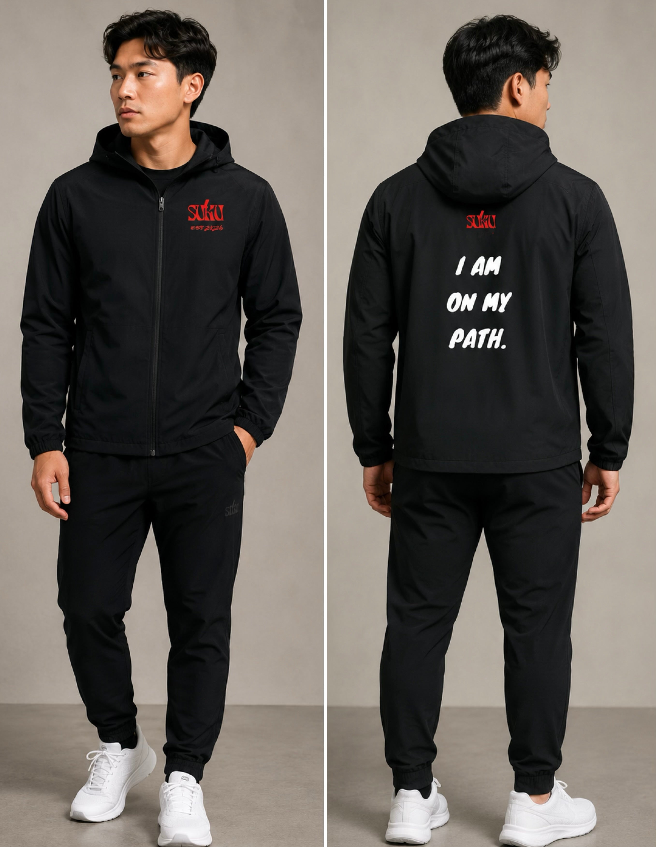 Black hoodie with text on front and back worn by a person, on a neutral background