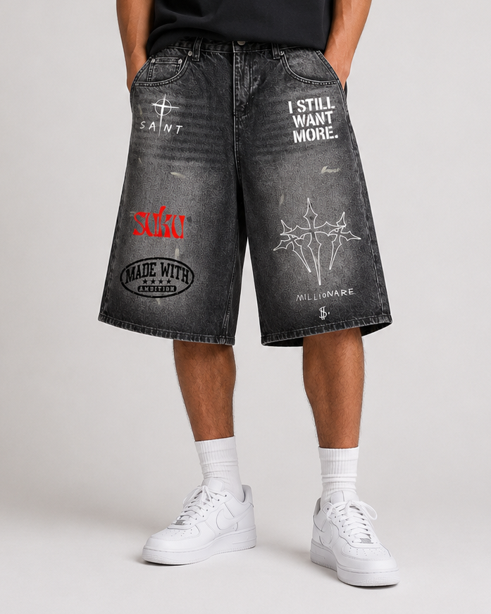 Suku Men’s Vintage Wash Wide Leg Denim Shorts