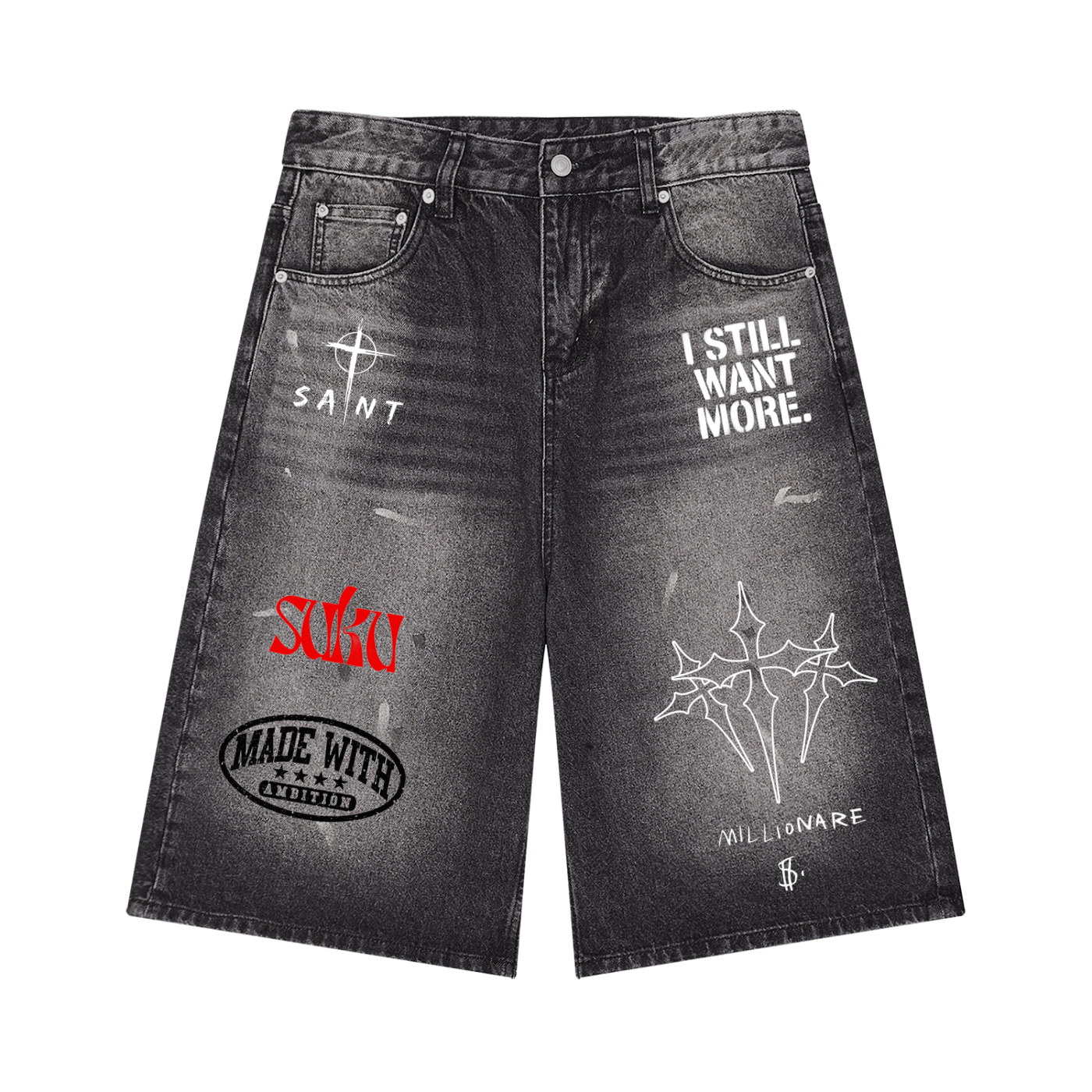 Men’s vintage wash wide leg denim shorts by Suku, featuring a relaxed fit and classic denim texture.