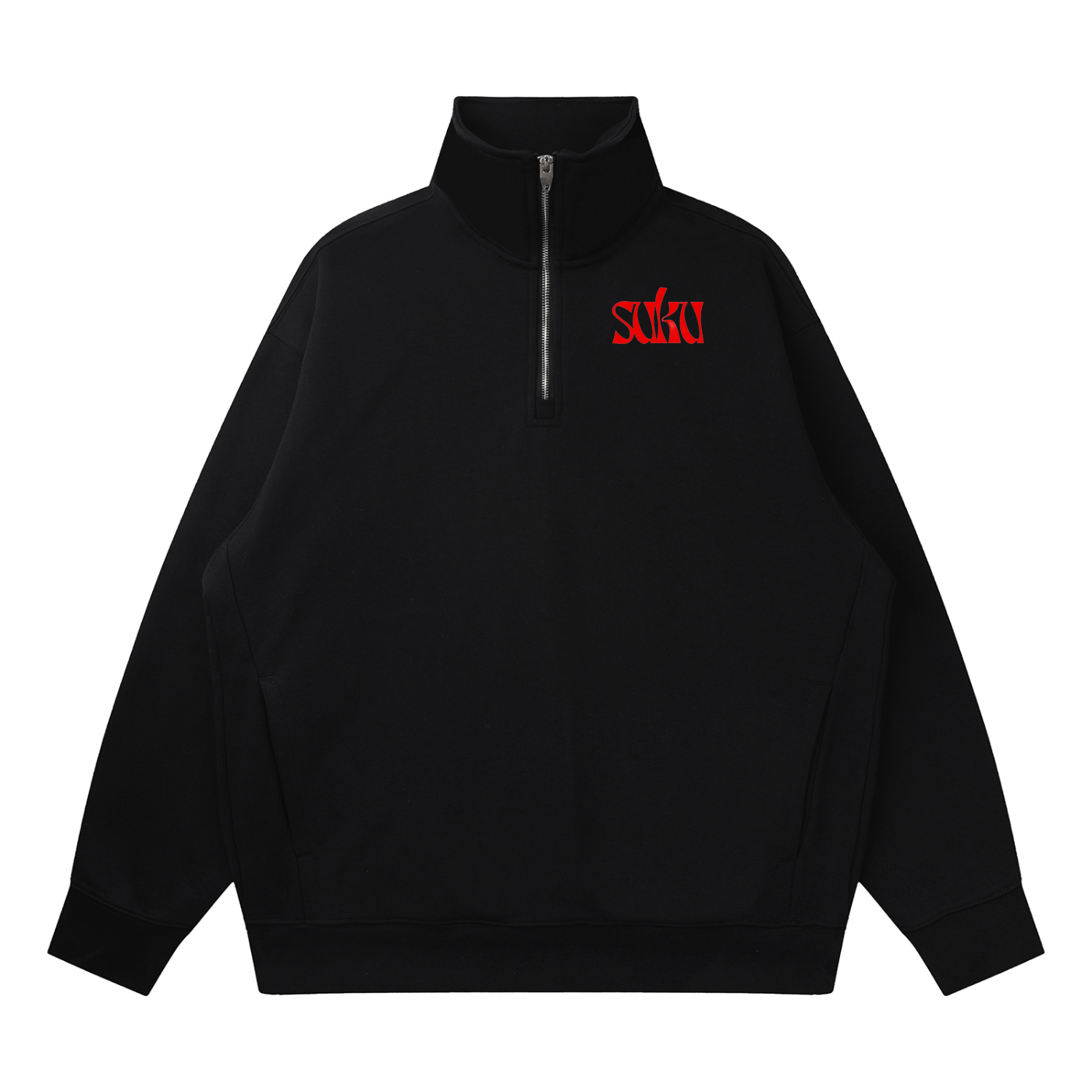 Black Suku quarter-zip drop shoulder sweatshirt with a relaxed fit and ribbed cuffs, perfect for casual layering.