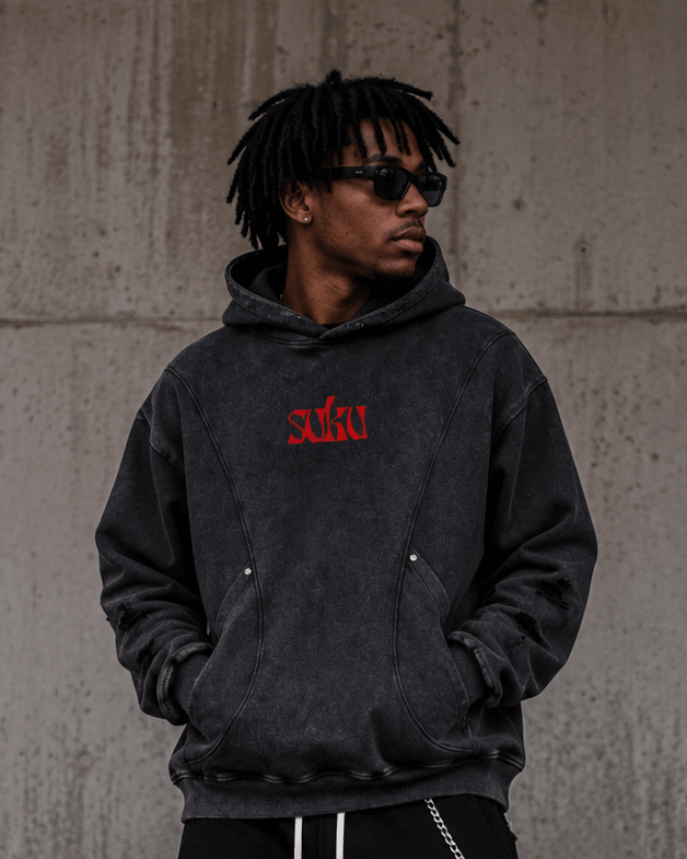 Suku Not For Everyone snow washed distressed panel pocket hoodie with front pocket and casual fit.