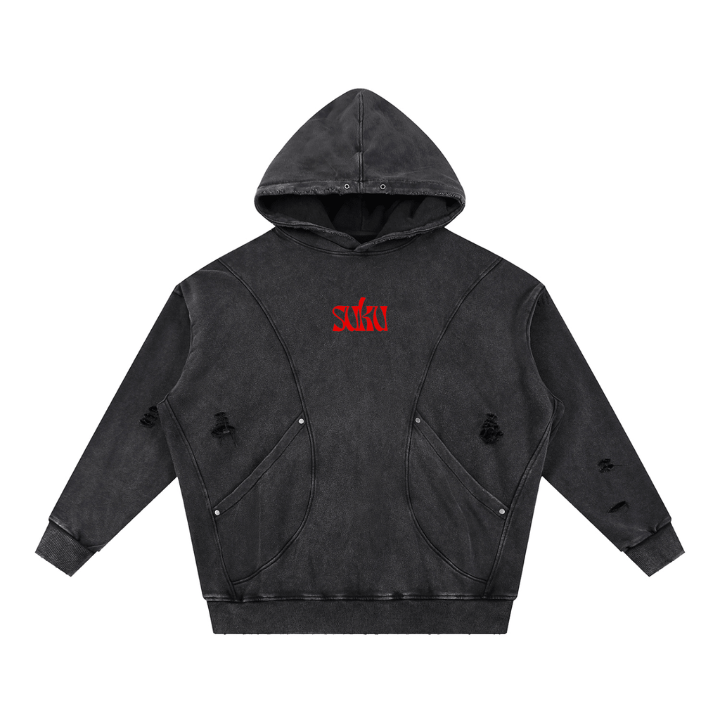 Not For Everyone Snow Washed Distressed Panel Pocket Hoodie - Suku