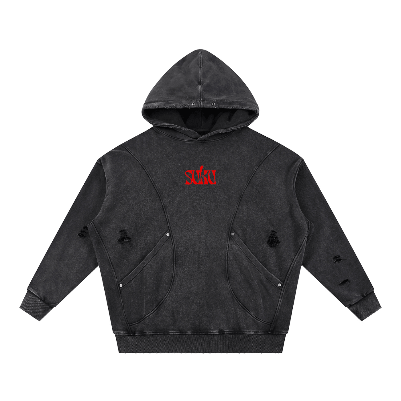 Suku Not For Everyone snow washed distressed panel pocket hoodie, front view showing casual style and distressed fabric details.