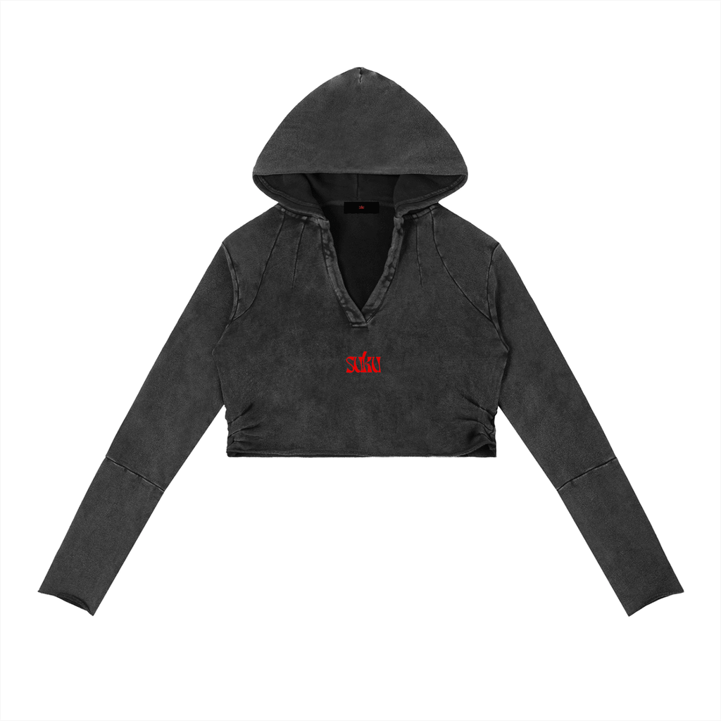 Women’s vintage washed raw edge hoodie by Suku featuring a relaxed fit and distressed style, casual apparel for comfortable wear.