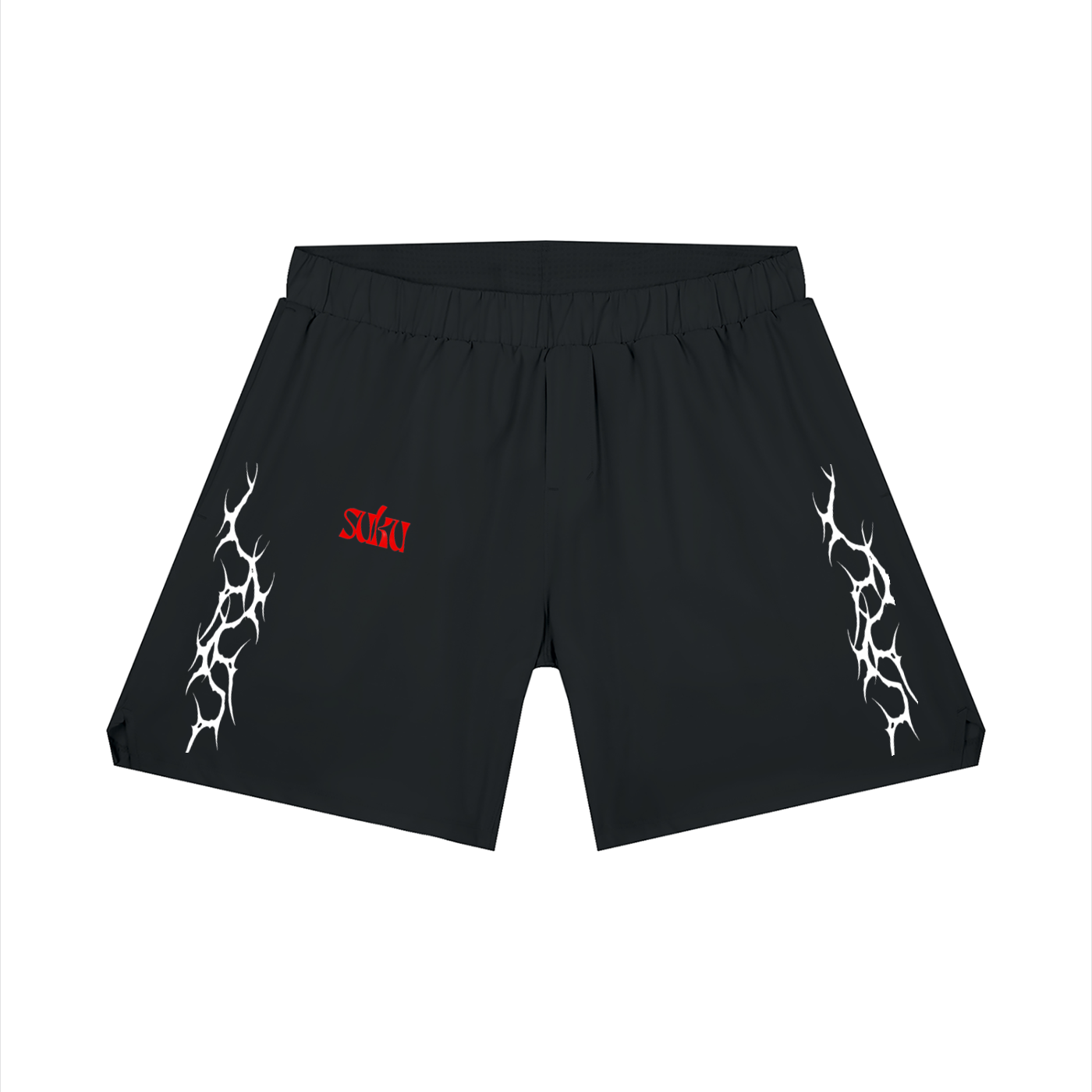 Black shorts with white tribal designs on a white background