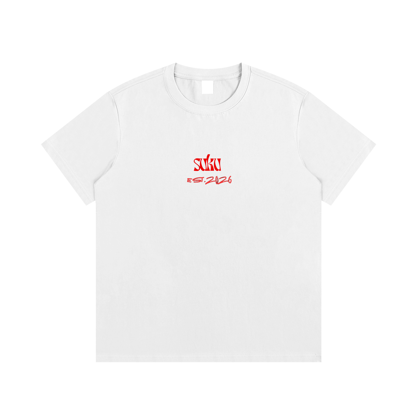 White Suku Essential Cotton T-Shirt with oversized fit, crew neck, bold red logo on the chest, made from soft premium cotton.