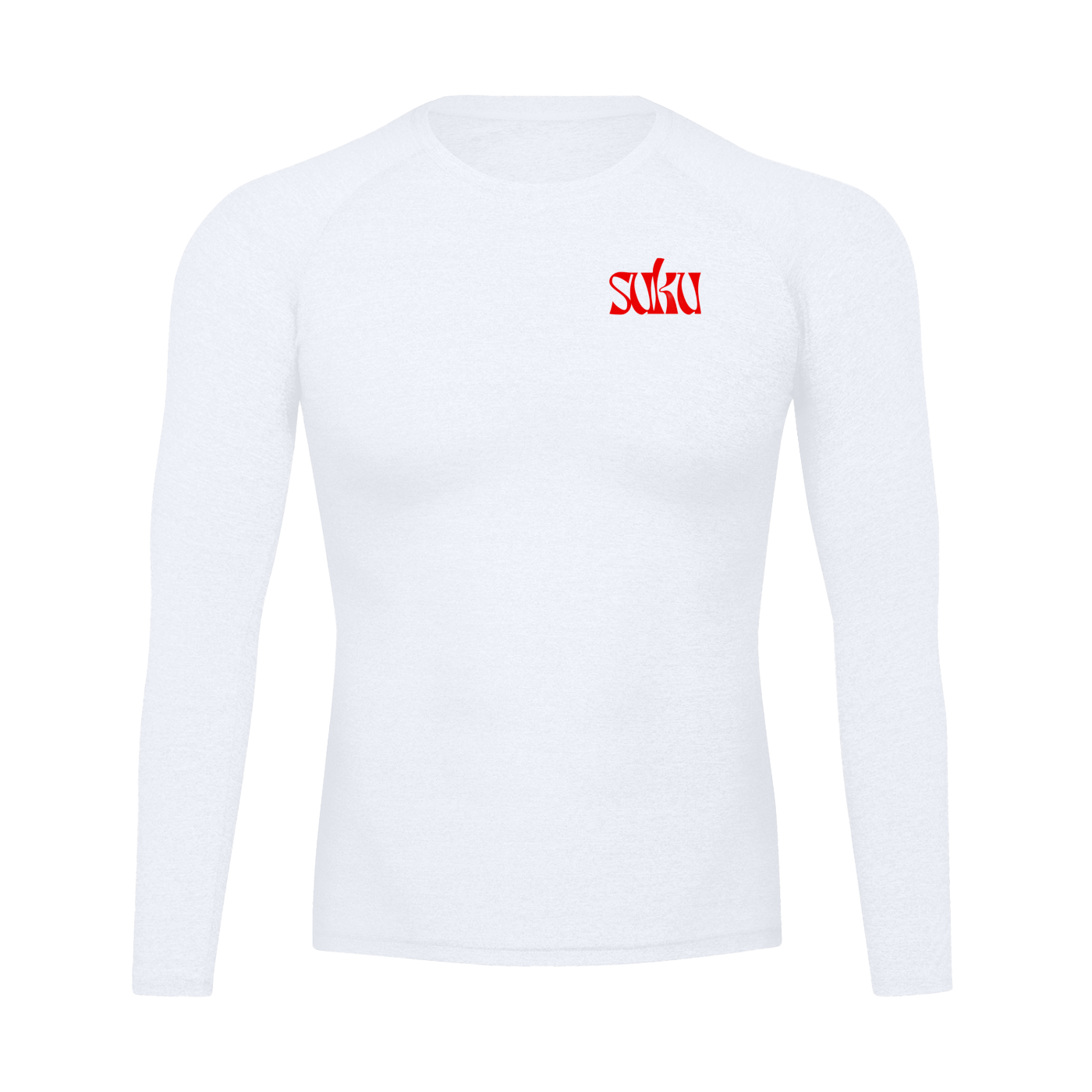 Suku white performance long sleeve T-shirt with sleek fit and breathable fabric, designed for active wear and athletic comfort.