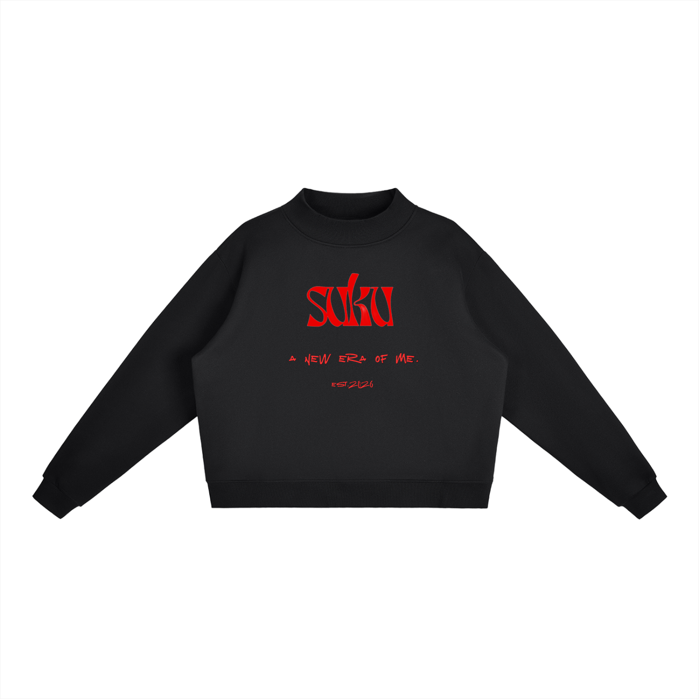 Women’s black fleece mock-neck crew sweatshirt by Suku, featuring a cozy, soft fabric and classic fit for casual wear.