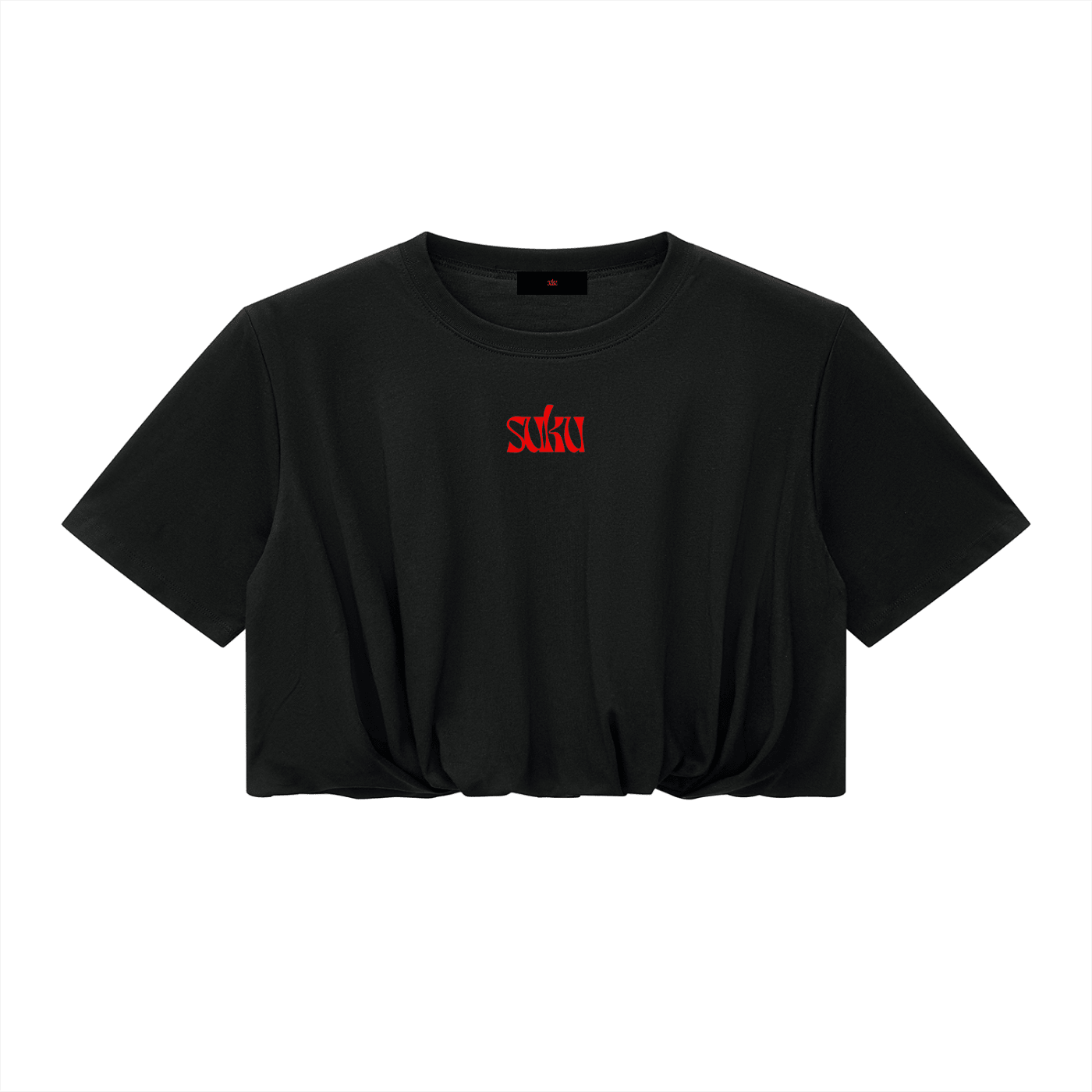 Women’s crop bubble hem T-shirt by Suku, featuring a relaxed fit with a rounded bubble hem and casual style.