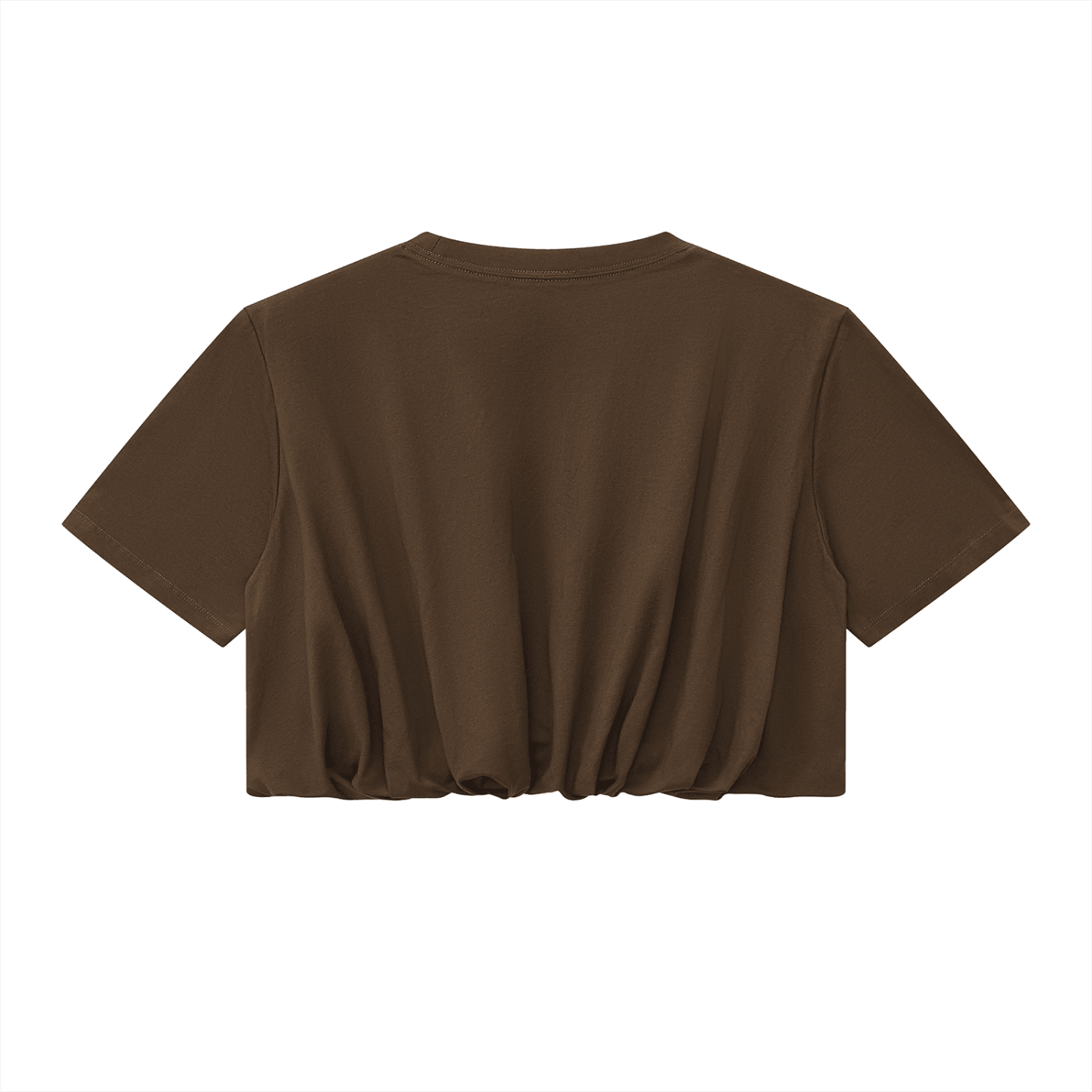 Brown women's crop bubble hem T-shirt by Suku, showing the back view with a relaxed fit and stylish bubble hem detail.