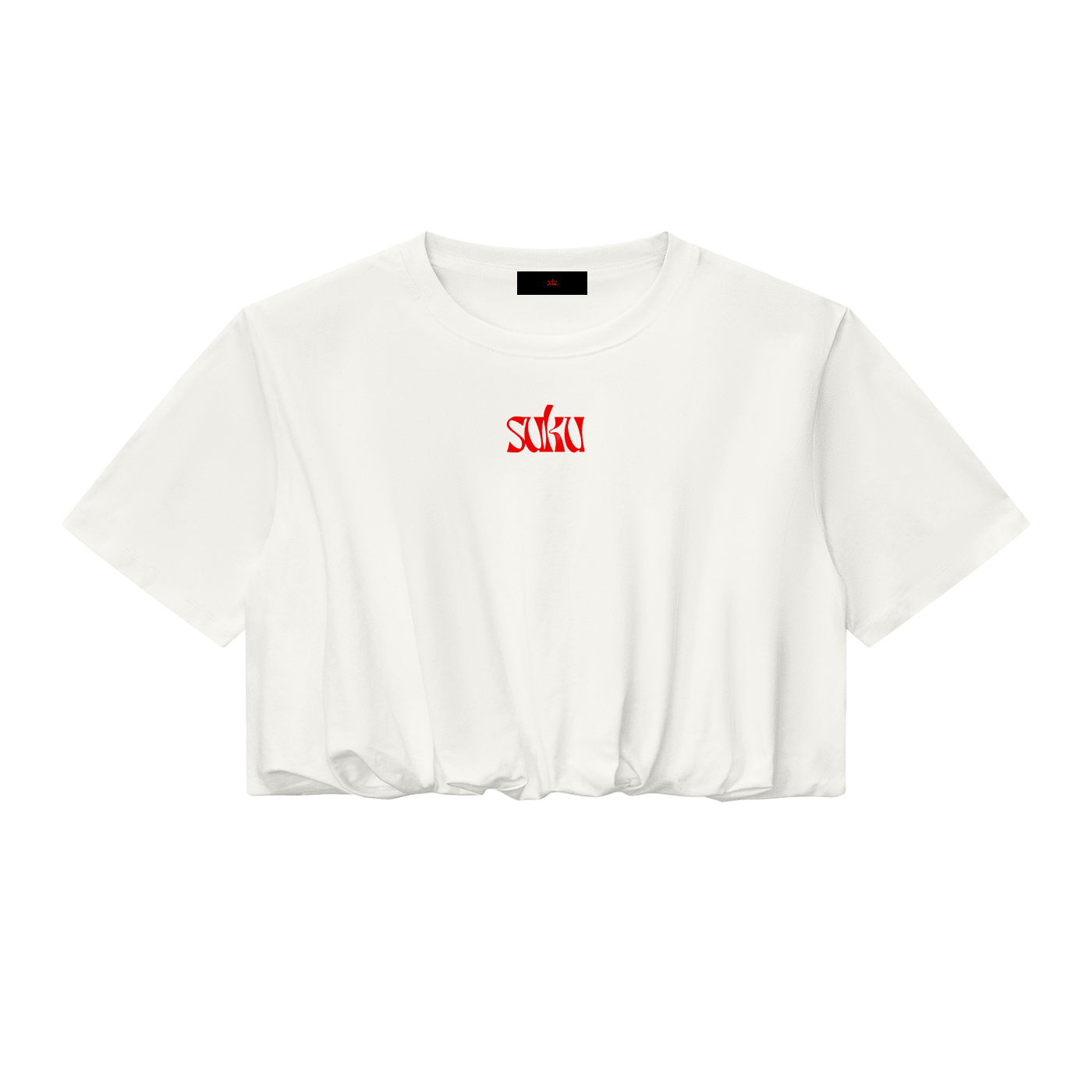 White women's crop bubble hem T-shirt by Suku, featuring a relaxed fit and casual style, displayed on a plain background.