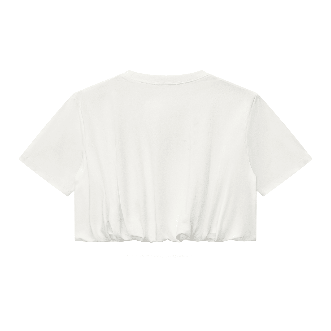 White women's crop bubble hem T-shirt by Suku, showing the back view with a relaxed fit and stylish bubble hem design.