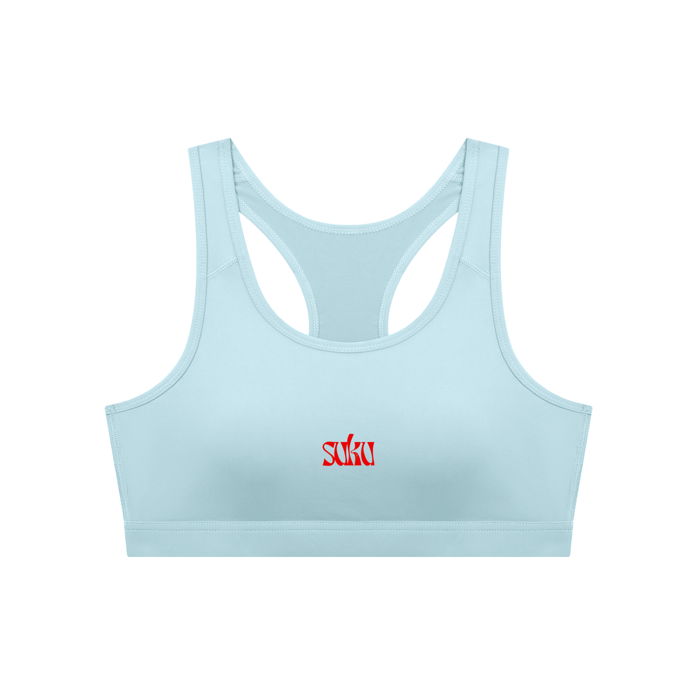 Blue women's cropped sports bra by Suku, front view showing supportive design and comfortable fit.