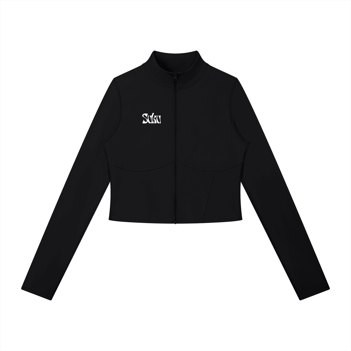Women’s full-zip sports jacket by Suku, front view showing lightweight fabric, adjustable collar, and sporty design.