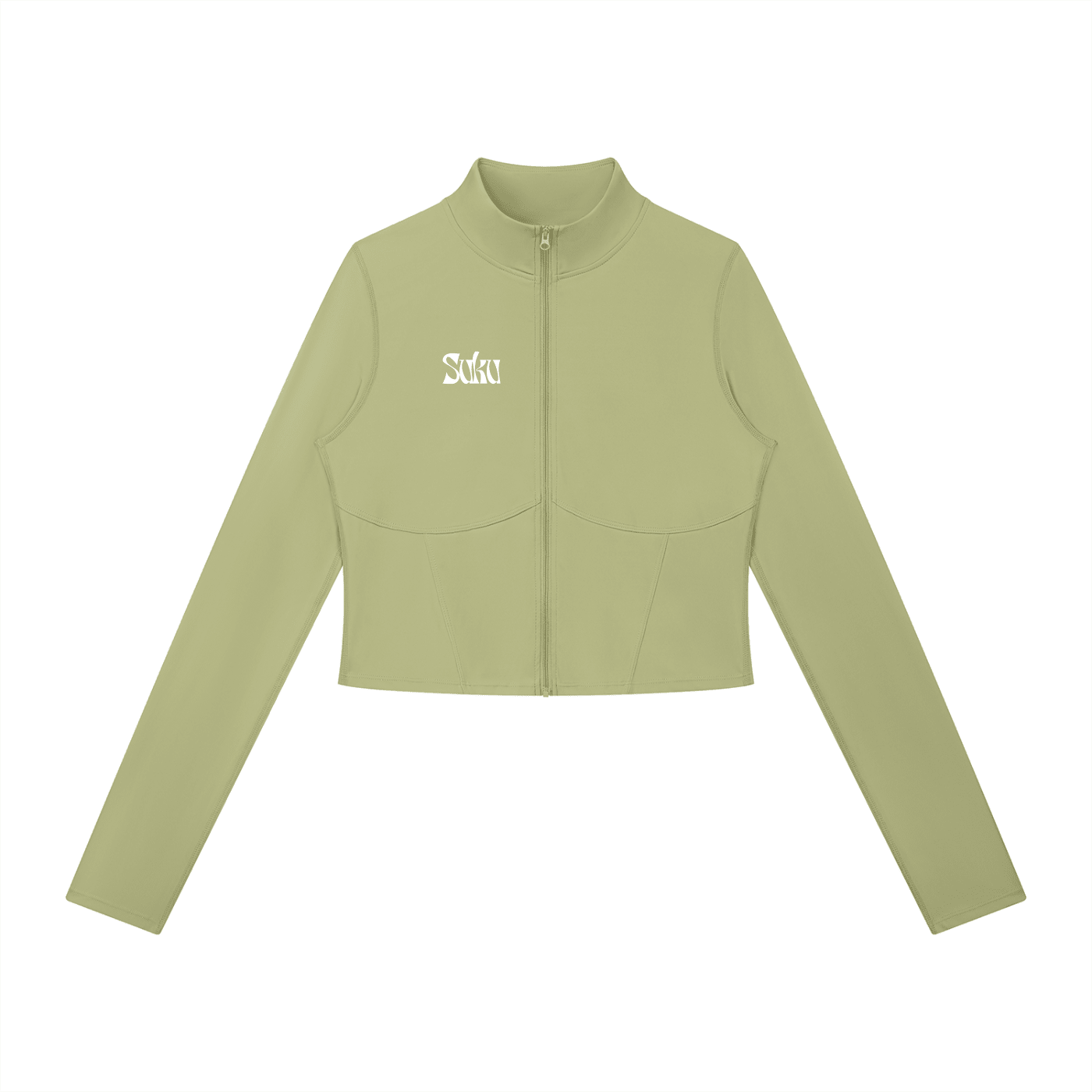 Women’s full-zip sports jacket by Suku, front view showing lightweight fabric, stand-up collar, and sporty fit.