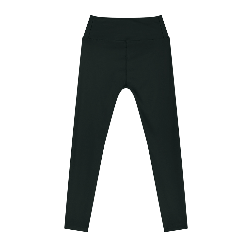 Black women's high rise ankle length leggings by Suku, showing a close-up of the fitted waist and sleek leg design.