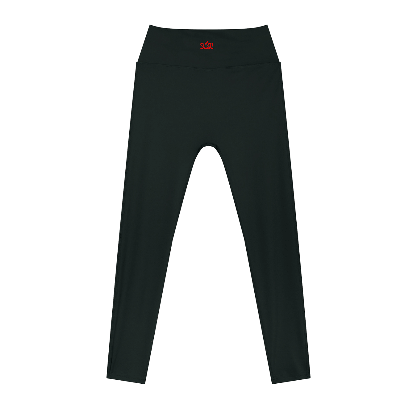 Black women’s high rise ankle length leggings by Suku, shown from the front, featuring a snug fit and comfortable high waist design.