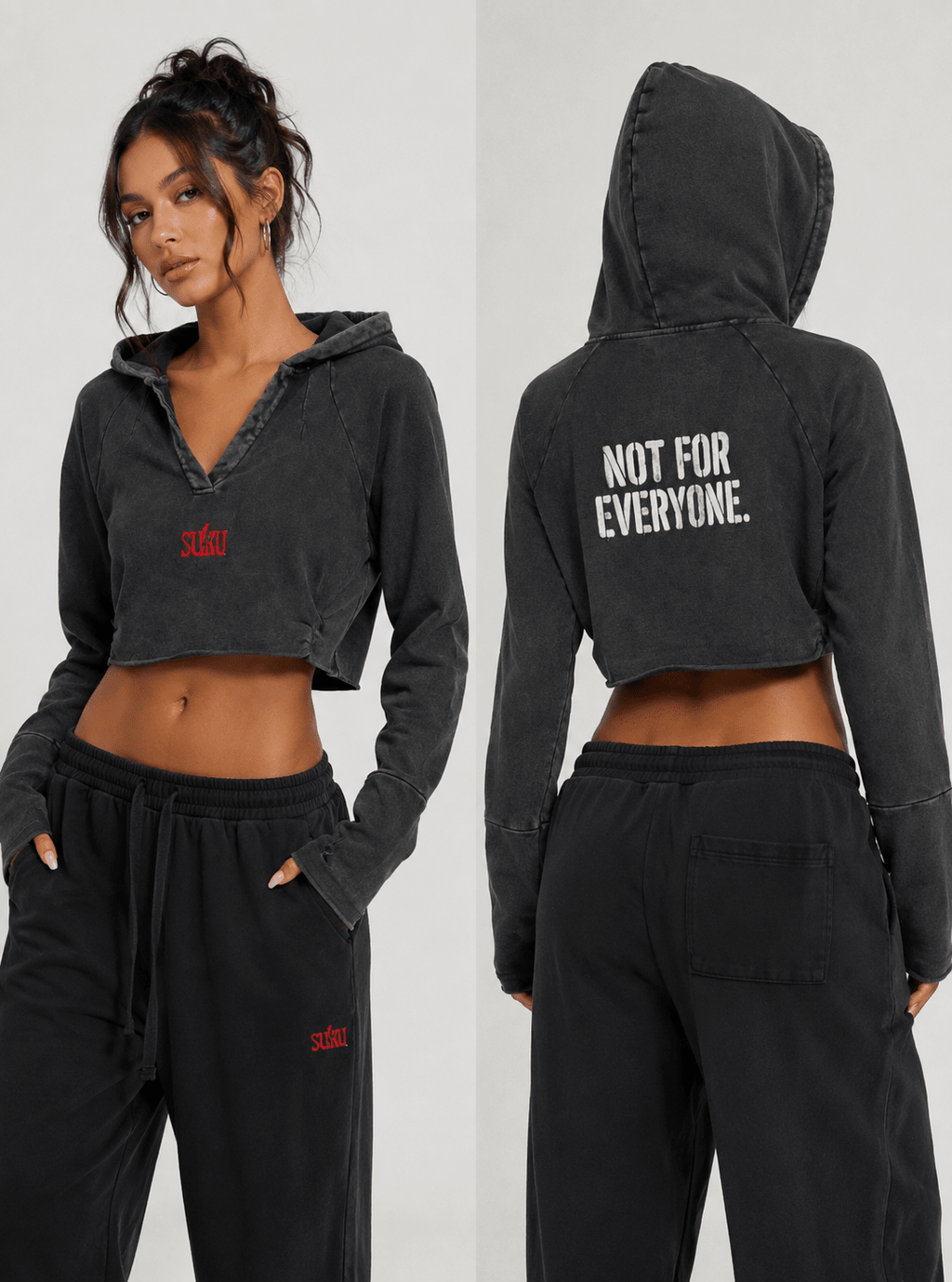 Women’s vintage washed raw edge hoodie by Suku featuring distressed fabric and casual style, displayed on a hanger.