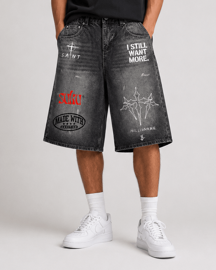 Men’s vintage wash wide-leg denim shorts by Suku, showing relaxed fit and distressed details on lightweight cotton fabric.