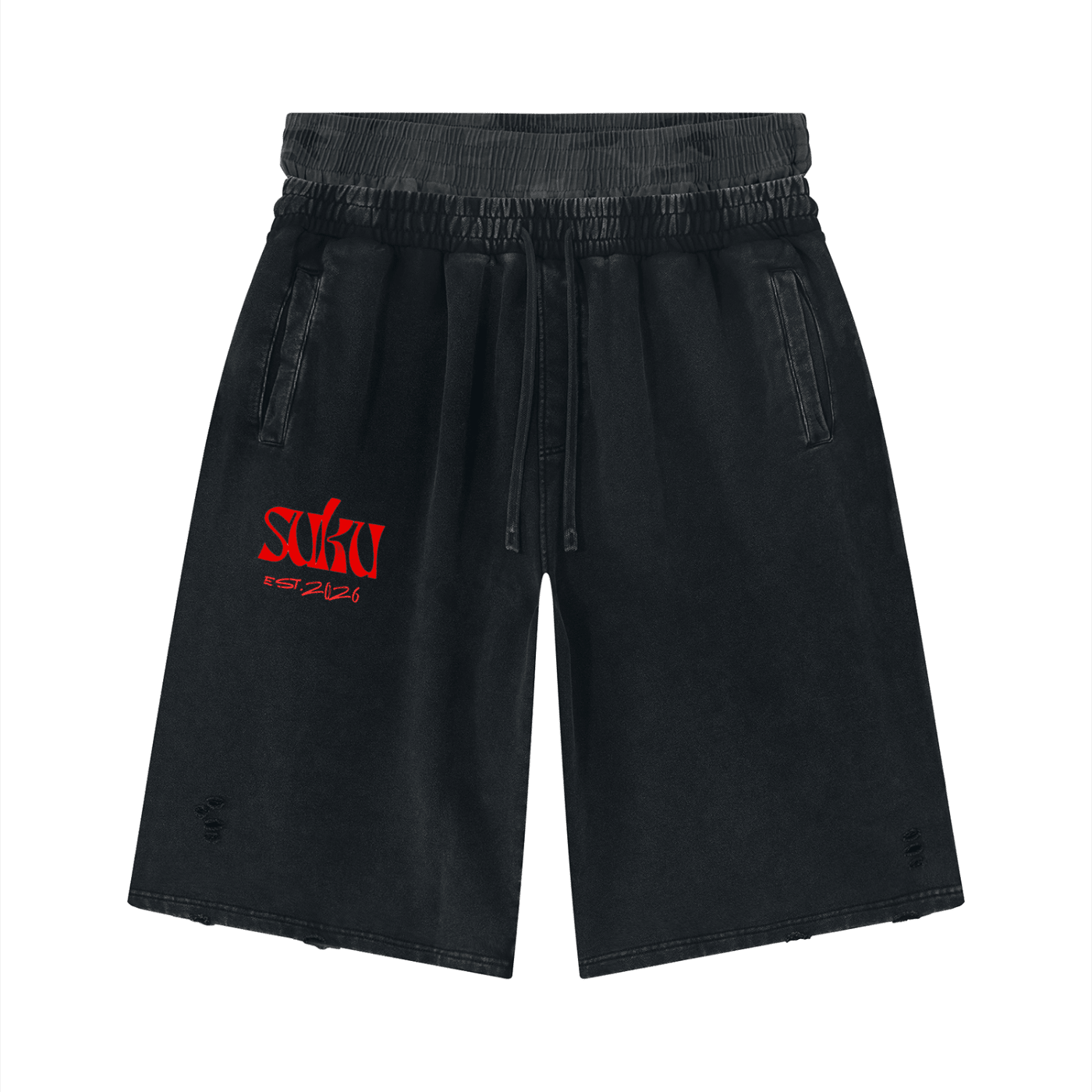 Unisex vintage wash distressed wide-leg shorts by Suku, featuring a relaxed fit and frayed hem, laid flat on a white background.